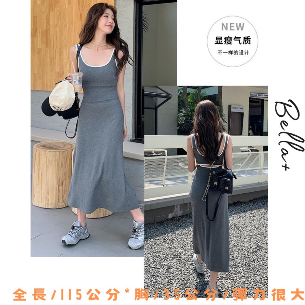 Bella+台灣現貨秒出🆕超彈力運動風露背腰簍空小性感女神度假洋裝長裙休閒修身背心裙連衣裙吊帶甜辣風顯高收腰設計感-細節圖6
