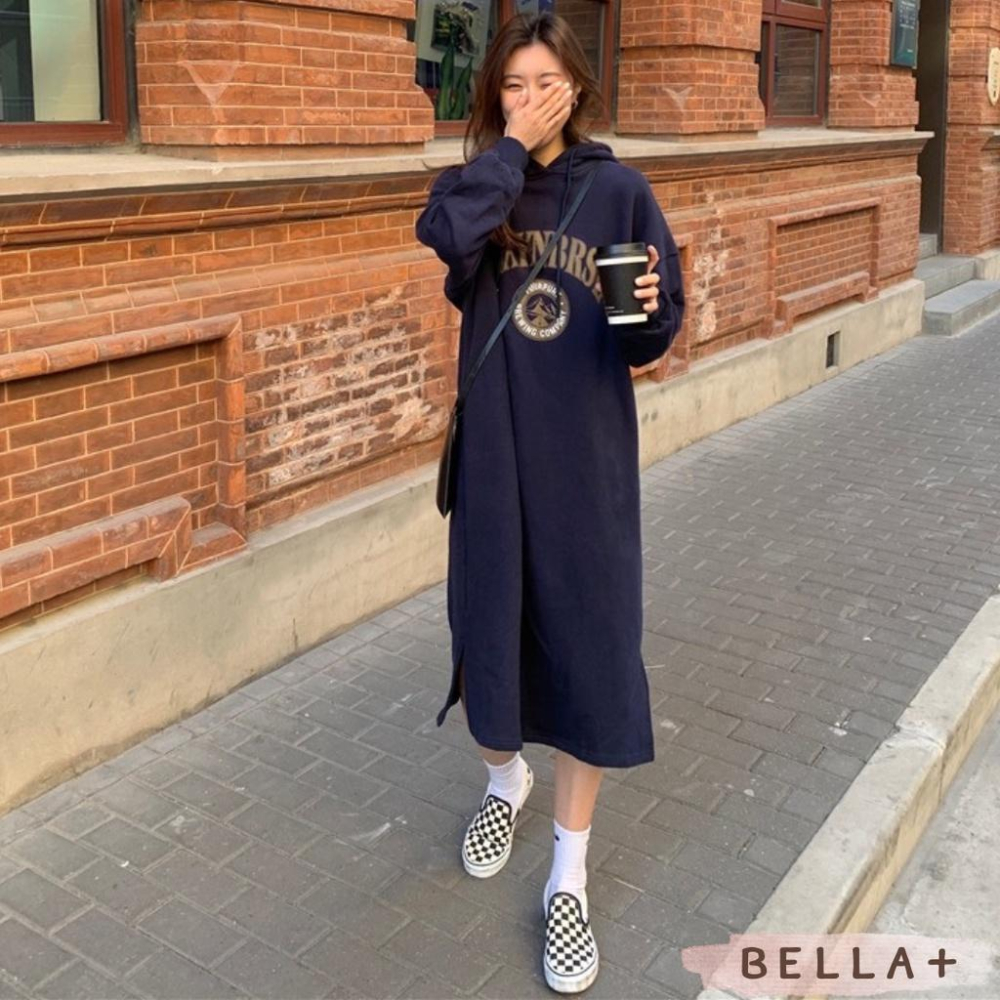 BELLA+🆕加絨加厚大尺碼OVERSIZE長款寬鬆連帽連衣裙帽T洋裝加厚台灣現貨-細節圖6
