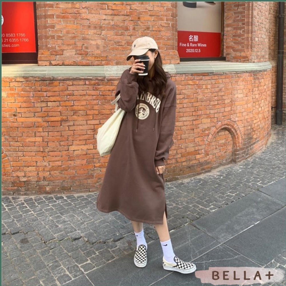 BELLA+🆕加絨加厚大尺碼OVERSIZE長款寬鬆連帽連衣裙帽T洋裝加厚台灣現貨-細節圖7