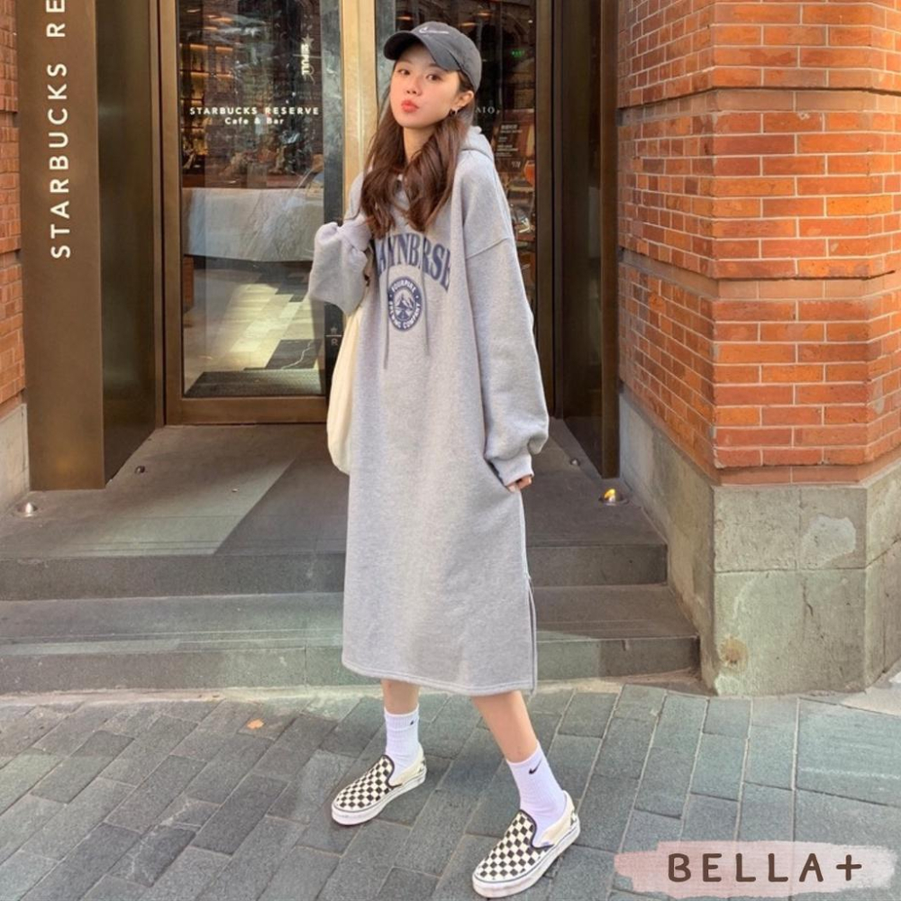 BELLA+🆕加絨加厚大尺碼OVERSIZE長款寬鬆連帽連衣裙帽T洋裝加厚台灣現貨-細節圖8