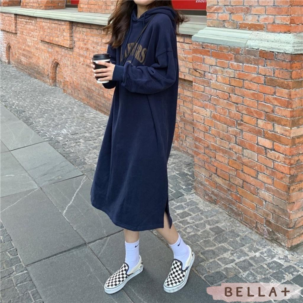 BELLA+🆕加絨加厚大尺碼OVERSIZE長款寬鬆連帽連衣裙帽T洋裝加厚台灣現貨-細節圖9