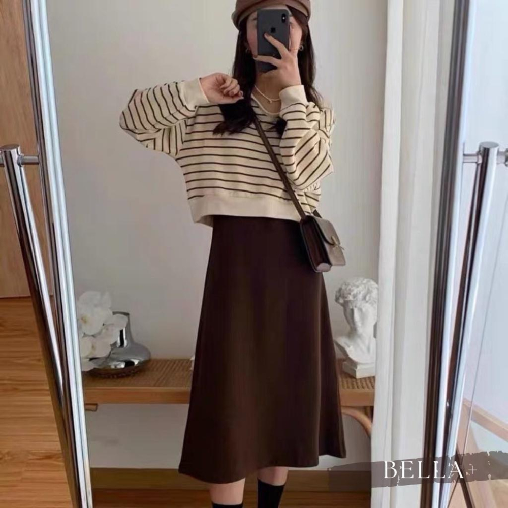 BELLA+🆕兩件式針織連衣裙寬鬆條紋上衣POLO領吊帶裙配色洋裝連身裙圓領上衣長洋裝針織洋裝一件出門-細節圖2