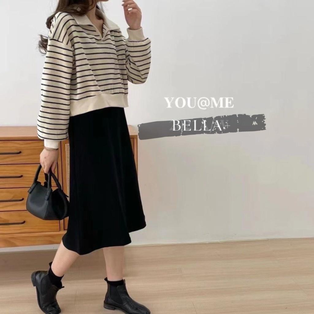 BELLA+🆕兩件式針織連衣裙寬鬆條紋上衣POLO領吊帶裙配色洋裝連身裙圓領上衣長洋裝針織洋裝一件出門-細節圖3