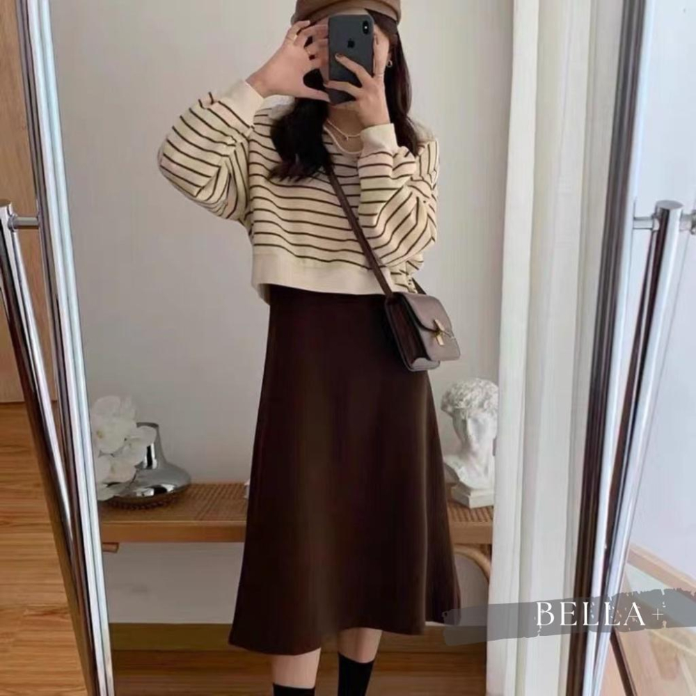 BELLA+🆕兩件式針織連衣裙寬鬆條紋上衣POLO領吊帶裙配色洋裝連身裙圓領上衣長洋裝針織洋裝一件出門-細節圖4