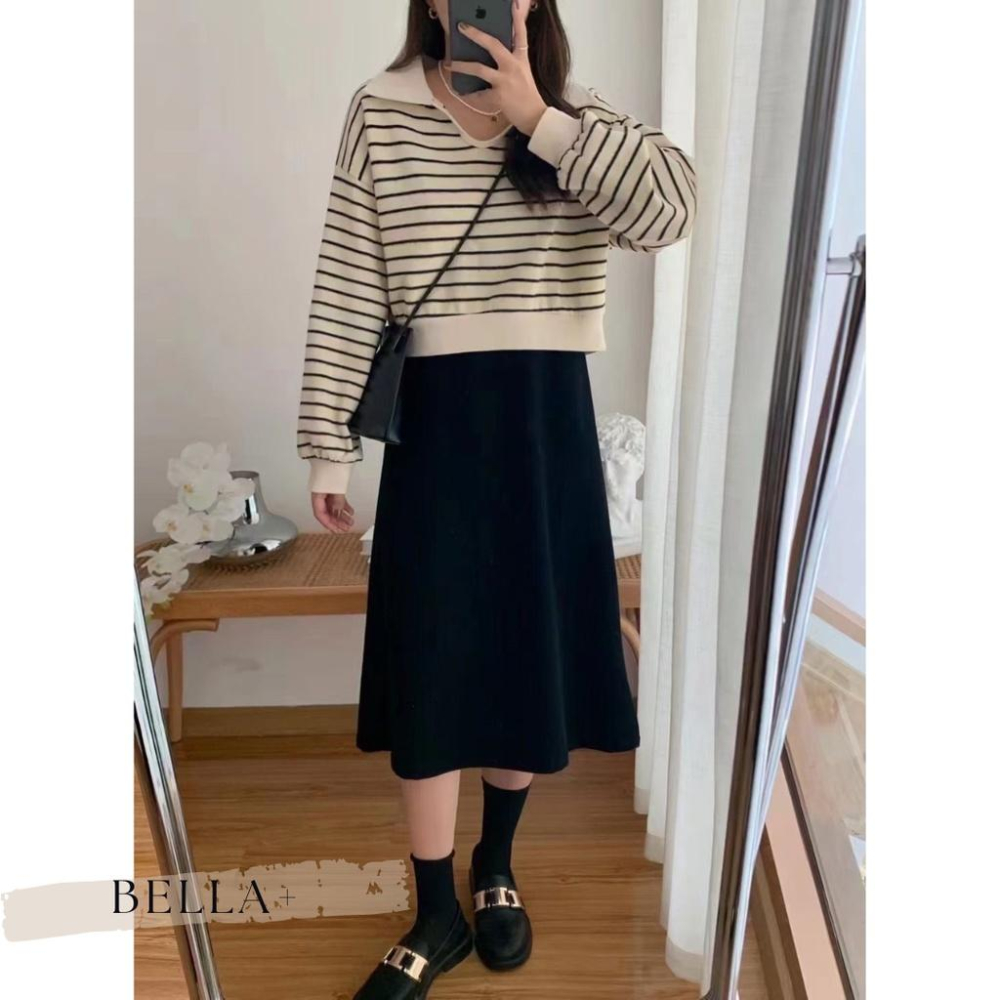 BELLA+🆕兩件式針織連衣裙寬鬆條紋上衣POLO領吊帶裙配色洋裝連身裙圓領上衣長洋裝針織洋裝一件出門-細節圖5