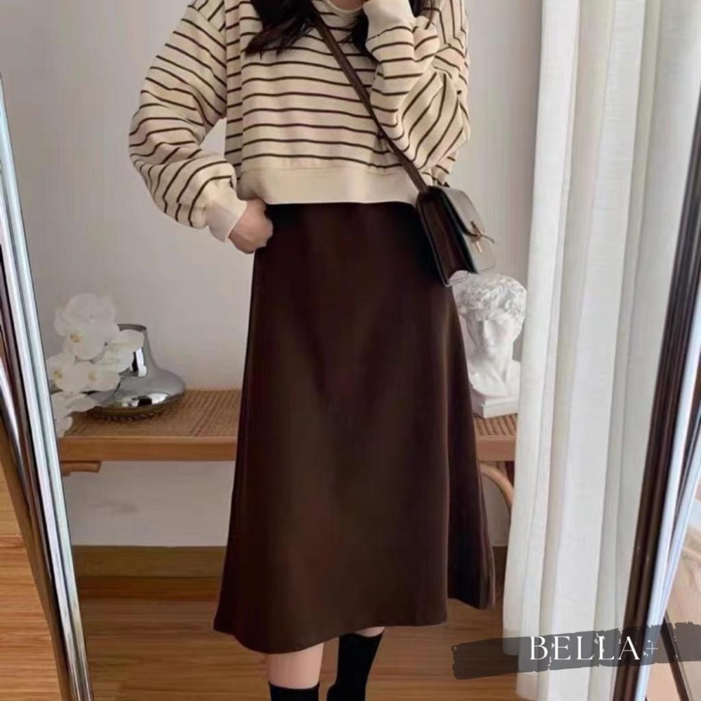 BELLA+🆕兩件式針織連衣裙寬鬆條紋上衣POLO領吊帶裙配色洋裝連身裙圓領上衣長洋裝針織洋裝一件出門-細節圖6