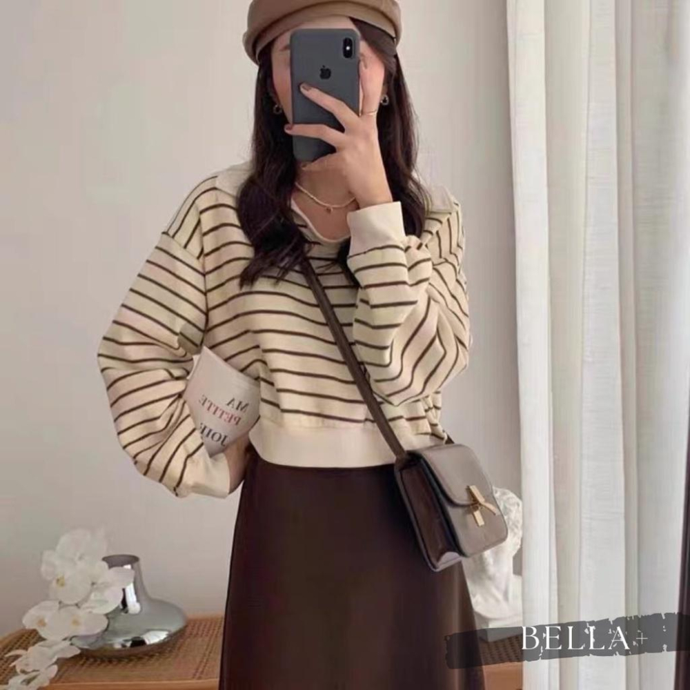 BELLA+🆕兩件式針織連衣裙寬鬆條紋上衣POLO領吊帶裙配色洋裝連身裙圓領上衣長洋裝針織洋裝一件出門-細節圖8