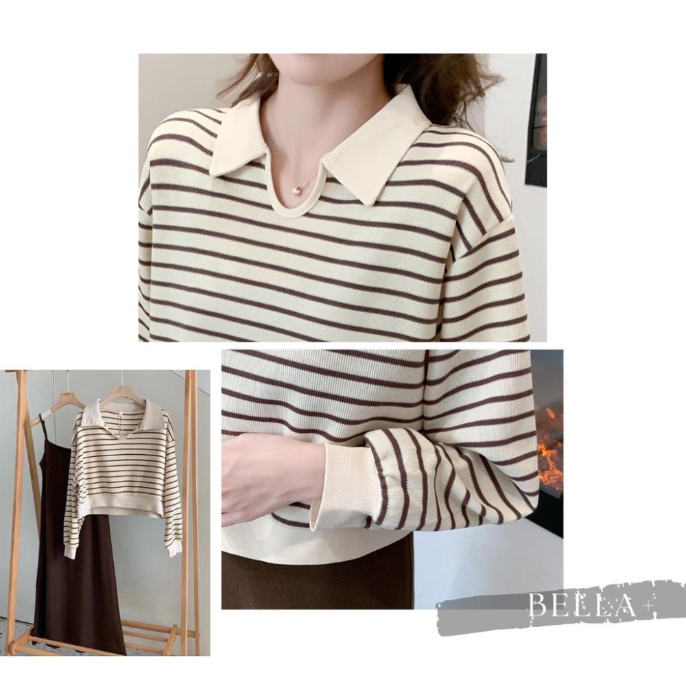 BELLA+🆕兩件式針織連衣裙寬鬆條紋上衣POLO領吊帶裙配色洋裝連身裙圓領上衣長洋裝針織洋裝一件出門-細節圖9