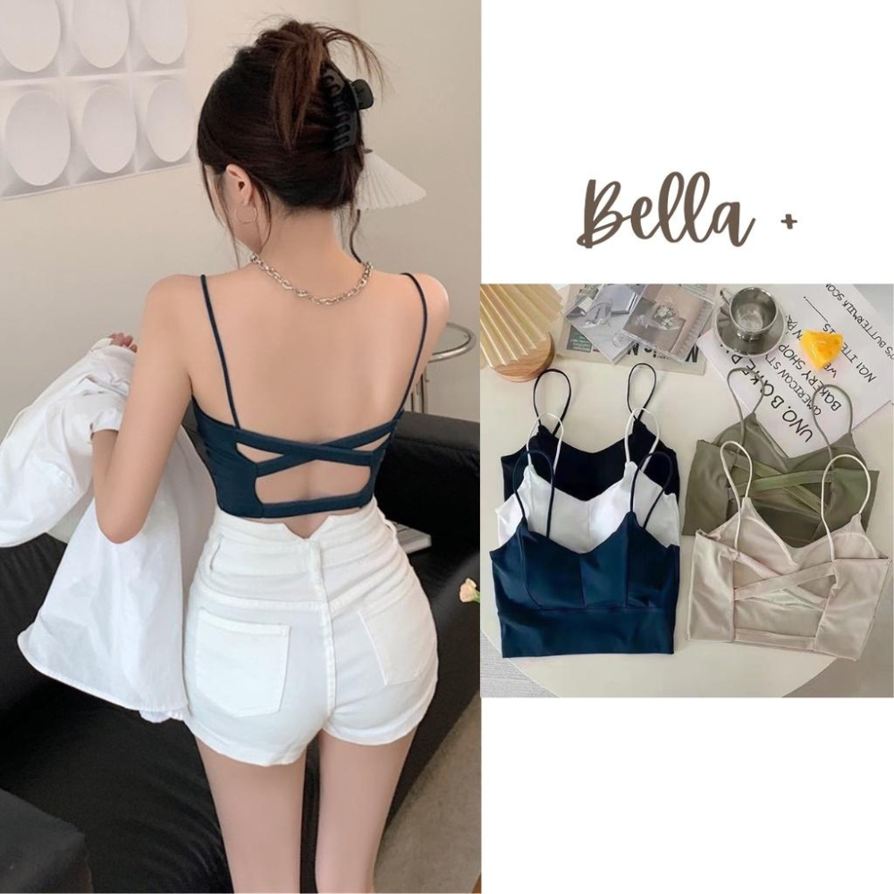 BELLA+台灣現貨秒出🆕五色冰絲美背吊帶背心夏季新款自帶胸墊裹胸文胸涼感時尚辣妹打底衫運動短版上衣小可愛-細節圖5