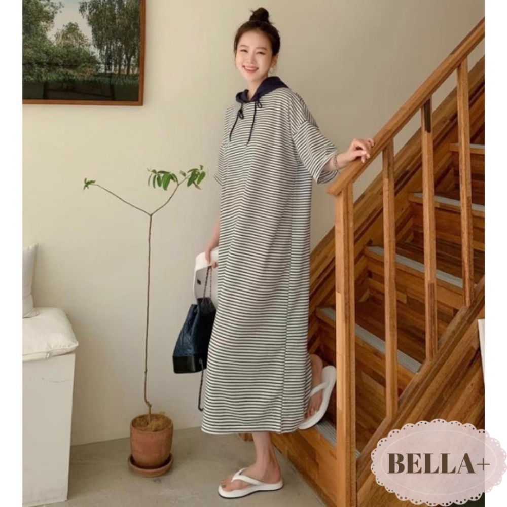 BELLA+台灣現貨秒出🆕大碼夏季休閒旅遊連帽半袖條紋連衣裙休閒寬鬆大尺碼洋裝連身洋居家帽T-細節圖2