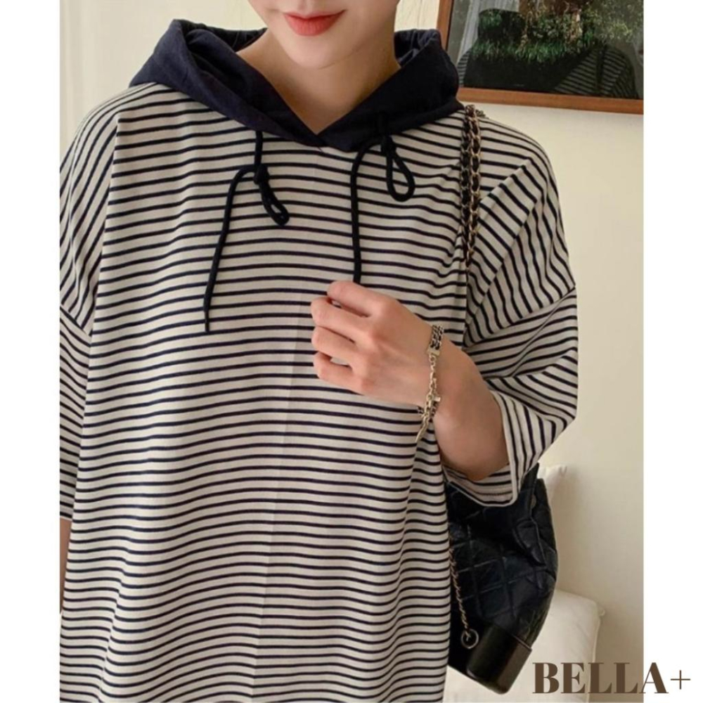 BELLA+台灣現貨秒出🆕大碼夏季休閒旅遊連帽半袖條紋連衣裙休閒寬鬆大尺碼洋裝連身洋居家帽T-細節圖5