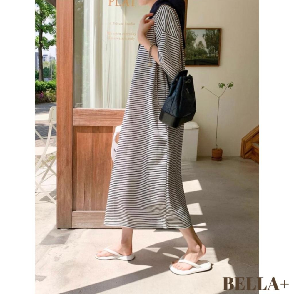 BELLA+台灣現貨秒出🆕大碼夏季休閒旅遊連帽半袖條紋連衣裙休閒寬鬆大尺碼洋裝連身洋居家帽T-細節圖7