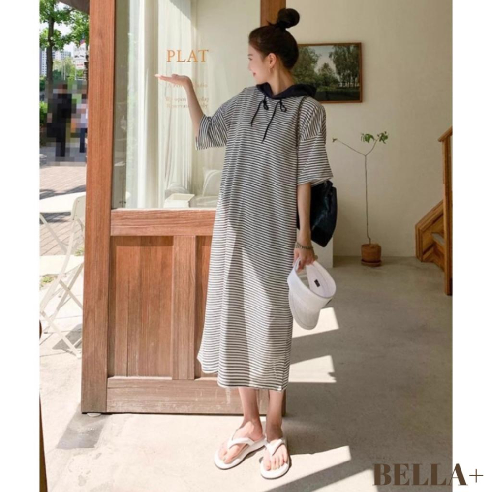 BELLA+台灣現貨秒出🆕大碼夏季休閒旅遊連帽半袖條紋連衣裙休閒寬鬆大尺碼洋裝連身洋居家帽T-細節圖8