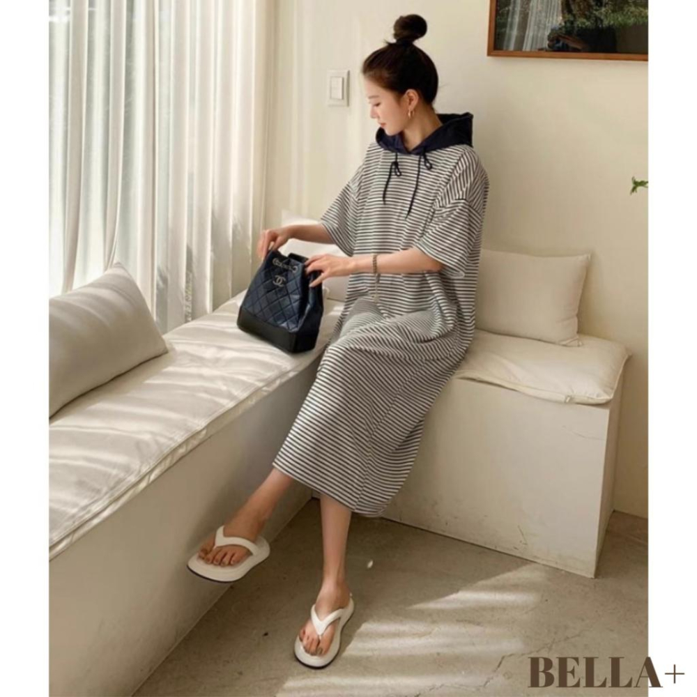 BELLA+台灣現貨秒出🆕大碼夏季休閒旅遊連帽半袖條紋連衣裙休閒寬鬆大尺碼洋裝連身洋居家帽T-細節圖9
