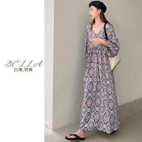 Bella+🆕早春復古一件出門碎花連衣裙台灣現貨女夏季新款新品V領寬鬆高腰燈籠袖桔梗裙子洋裝澎澎袖連身洋慵懶-細節圖2