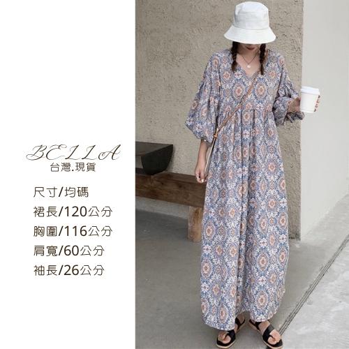 Bella+🆕早春復古一件出門碎花連衣裙台灣現貨女夏季新款新品V領寬鬆高腰燈籠袖桔梗裙子洋裝澎澎袖連身洋慵懶-細節圖3