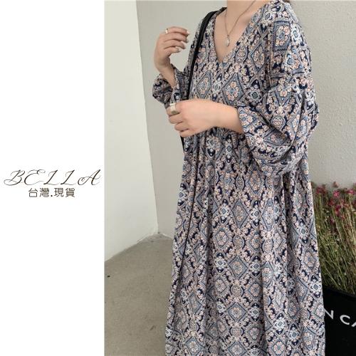 Bella+🆕早春復古一件出門碎花連衣裙台灣現貨女夏季新款新品V領寬鬆高腰燈籠袖桔梗裙子洋裝澎澎袖連身洋慵懶-細節圖4
