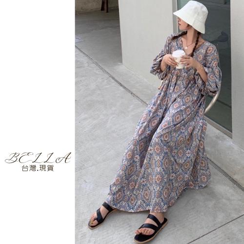 Bella+🆕早春復古一件出門碎花連衣裙台灣現貨女夏季新款新品V領寬鬆高腰燈籠袖桔梗裙子洋裝澎澎袖連身洋慵懶-細節圖5