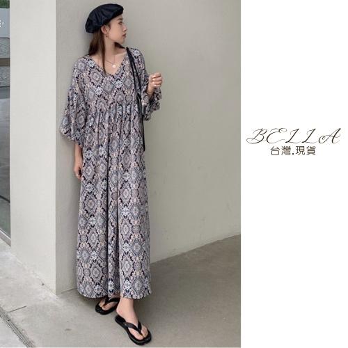 Bella+🆕早春復古一件出門碎花連衣裙台灣現貨女夏季新款新品V領寬鬆高腰燈籠袖桔梗裙子洋裝澎澎袖連身洋慵懶-細節圖6