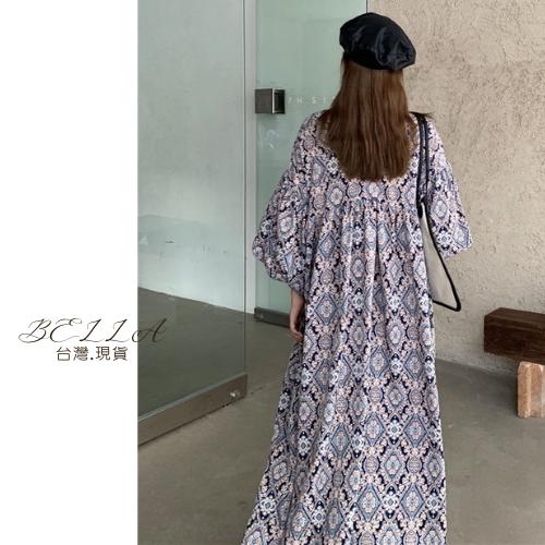 Bella+🆕早春復古一件出門碎花連衣裙台灣現貨女夏季新款新品V領寬鬆高腰燈籠袖桔梗裙子洋裝澎澎袖連身洋慵懶-細節圖7