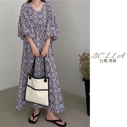 Bella+🆕早春復古一件出門碎花連衣裙台灣現貨女夏季新款新品V領寬鬆高腰燈籠袖桔梗裙子洋裝澎澎袖連身洋慵懶-細節圖9
