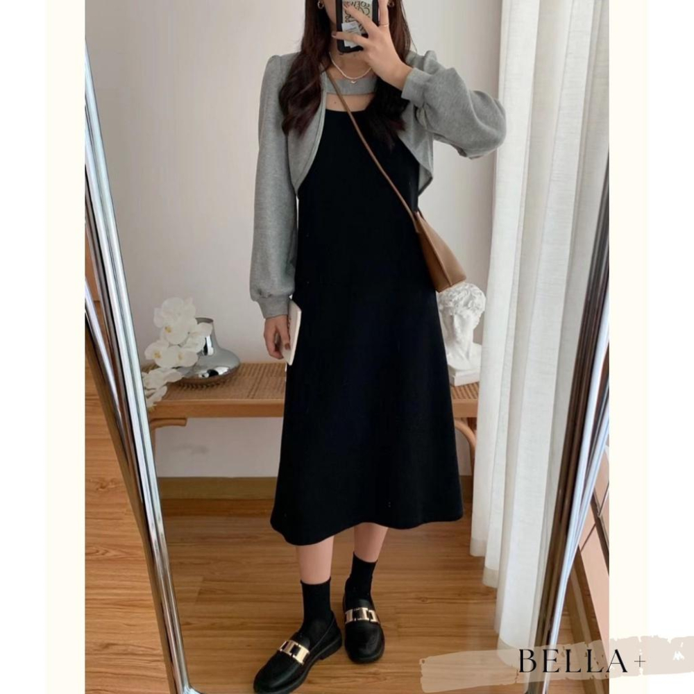 BELLA+🆕早春小性感少女連衣裙洋裝小外套拼接配色連身洋秋冬新款台灣現貨甜系吊帶裙-細節圖2