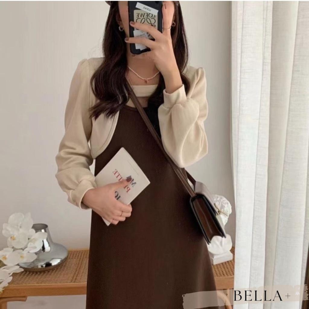 BELLA+🆕早春小性感少女連衣裙洋裝小外套拼接配色連身洋秋冬新款台灣現貨甜系吊帶裙-細節圖3