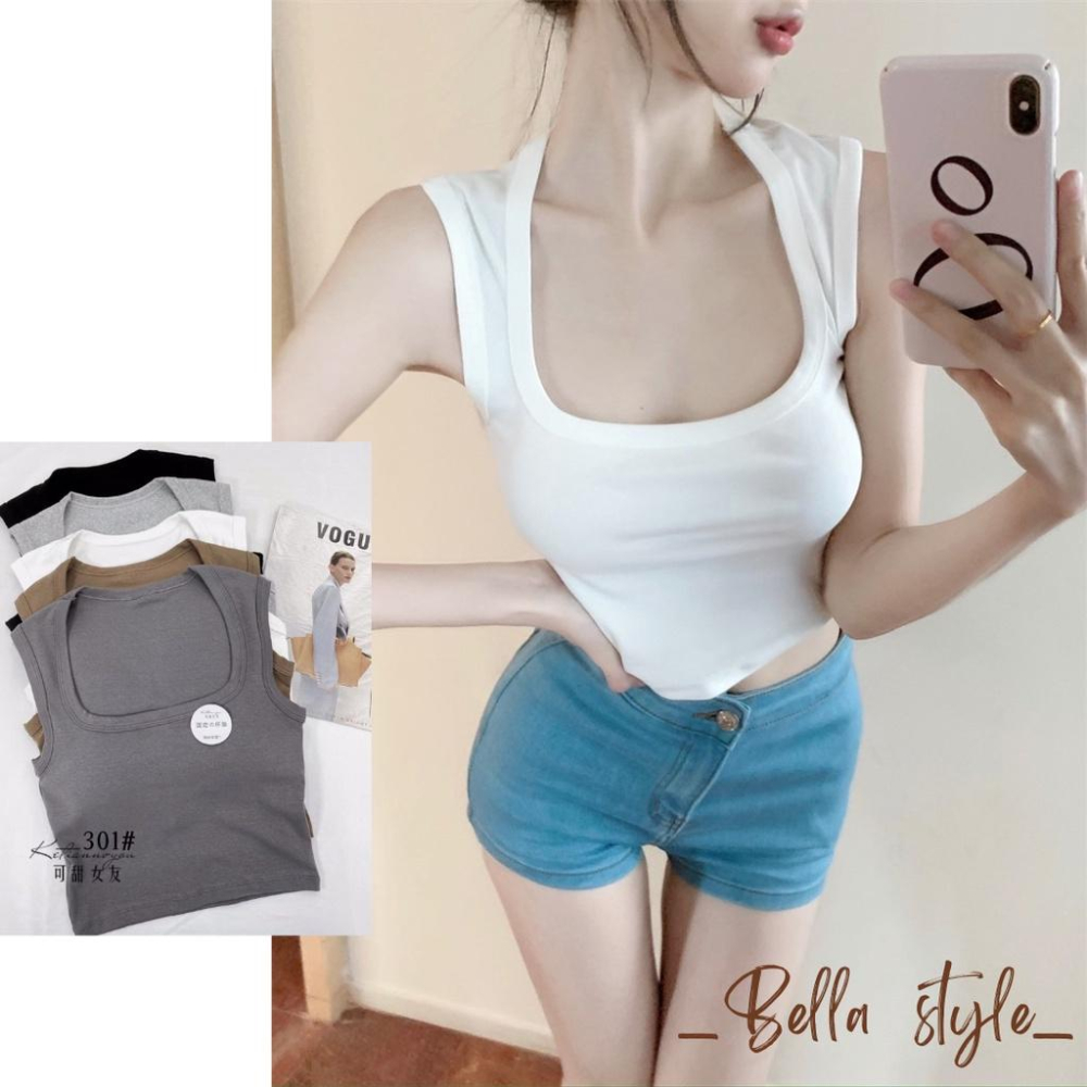 BELLA+台灣現貨秒出🆕五色包覆素色小可愛自帶杯大方領短版露臍打底辣妹純色性感顯瘦無袖上衣運動風寬肩背心女夏天小吊帶-細節圖2
