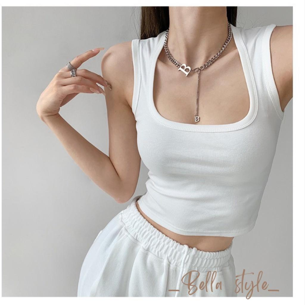 BELLA+台灣現貨秒出🆕五色包覆素色小可愛自帶杯大方領短版露臍打底辣妹純色性感顯瘦無袖上衣運動風寬肩背心女夏天小吊帶-細節圖6