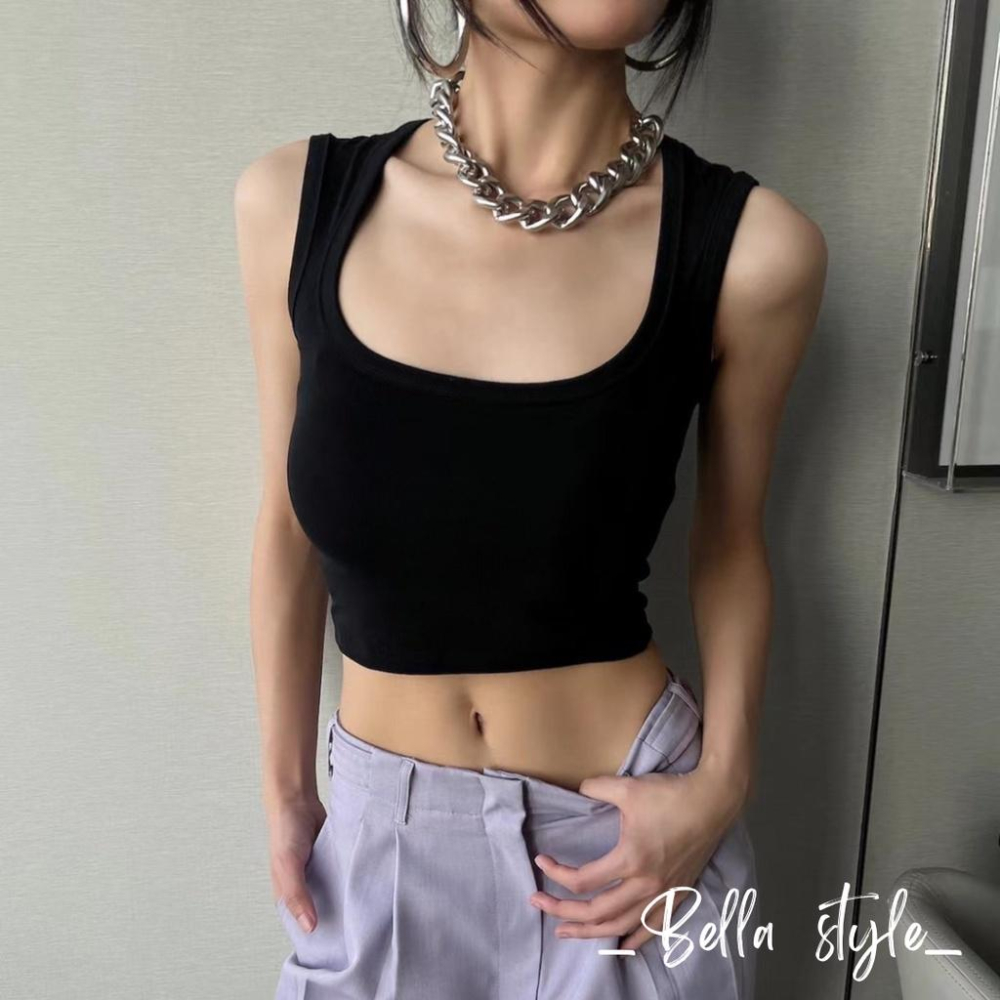 BELLA+台灣現貨秒出🆕五色包覆素色小可愛自帶杯大方領短版露臍打底辣妹純色性感顯瘦無袖上衣運動風寬肩背心女夏天小吊帶-細節圖7
