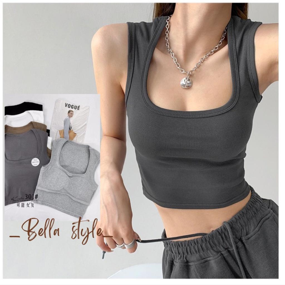 BELLA+台灣現貨秒出🆕五色包覆素色小可愛自帶杯大方領短版露臍打底辣妹純色性感顯瘦無袖上衣運動風寬肩背心女夏天小吊帶-細節圖8