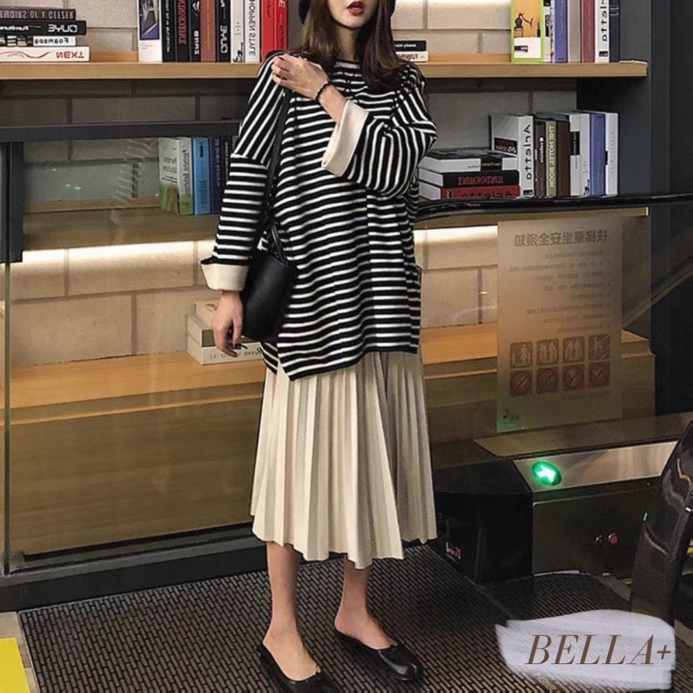 BELLA+🆕大尺碼赫本風輕熟復古CHIC條紋衣+百褶裙兩件套裝XL可台灣現貨寬鬆女冬新款百褶裙落肩-細節圖2