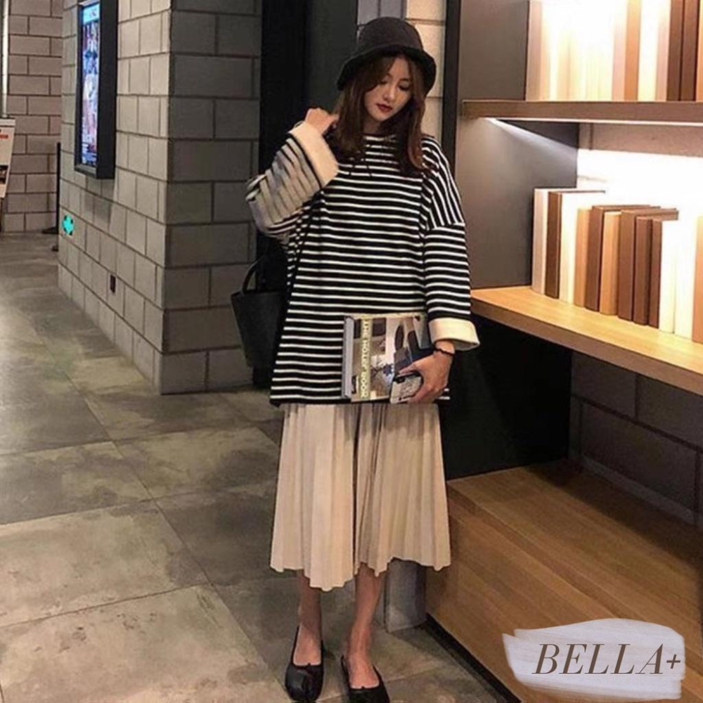 BELLA+🆕大尺碼赫本風輕熟復古CHIC條紋衣+百褶裙兩件套裝XL可台灣現貨寬鬆女冬新款百褶裙落肩-細節圖4