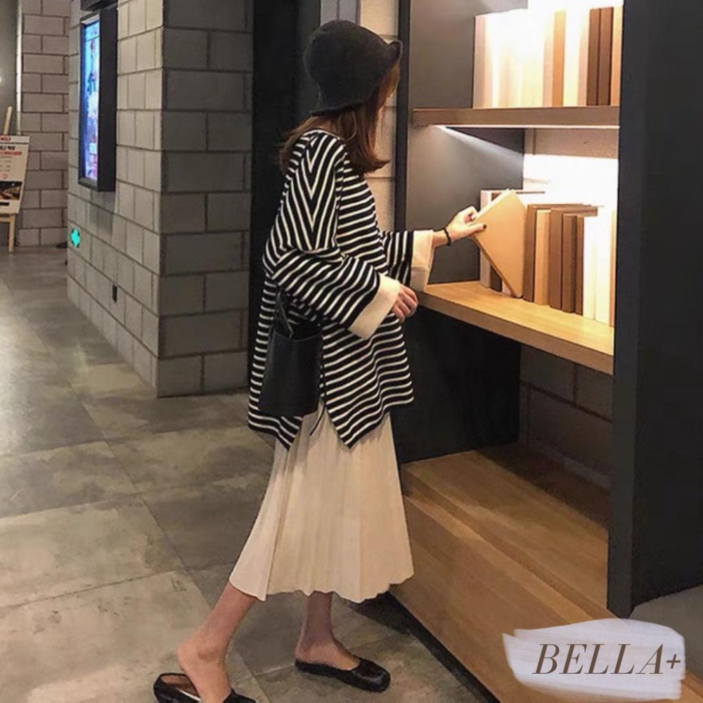 BELLA+🆕大尺碼赫本風輕熟復古CHIC條紋衣+百褶裙兩件套裝XL可台灣現貨寬鬆女冬新款百褶裙落肩-細節圖5