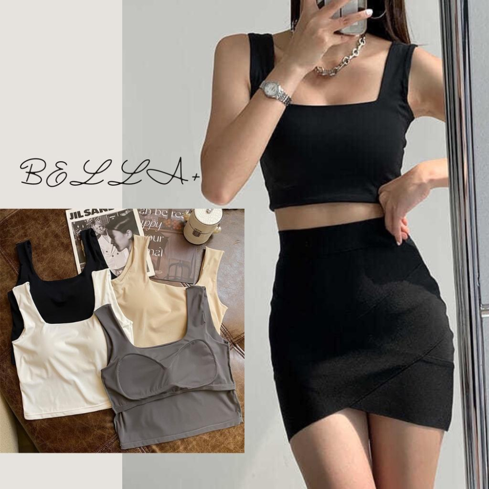 BELLA+台灣現貨秒出🆕四色露背方領背心小可愛自帶杯墊短版上衣吊帶背心女內搭純棉打底文胸運動-細節圖2