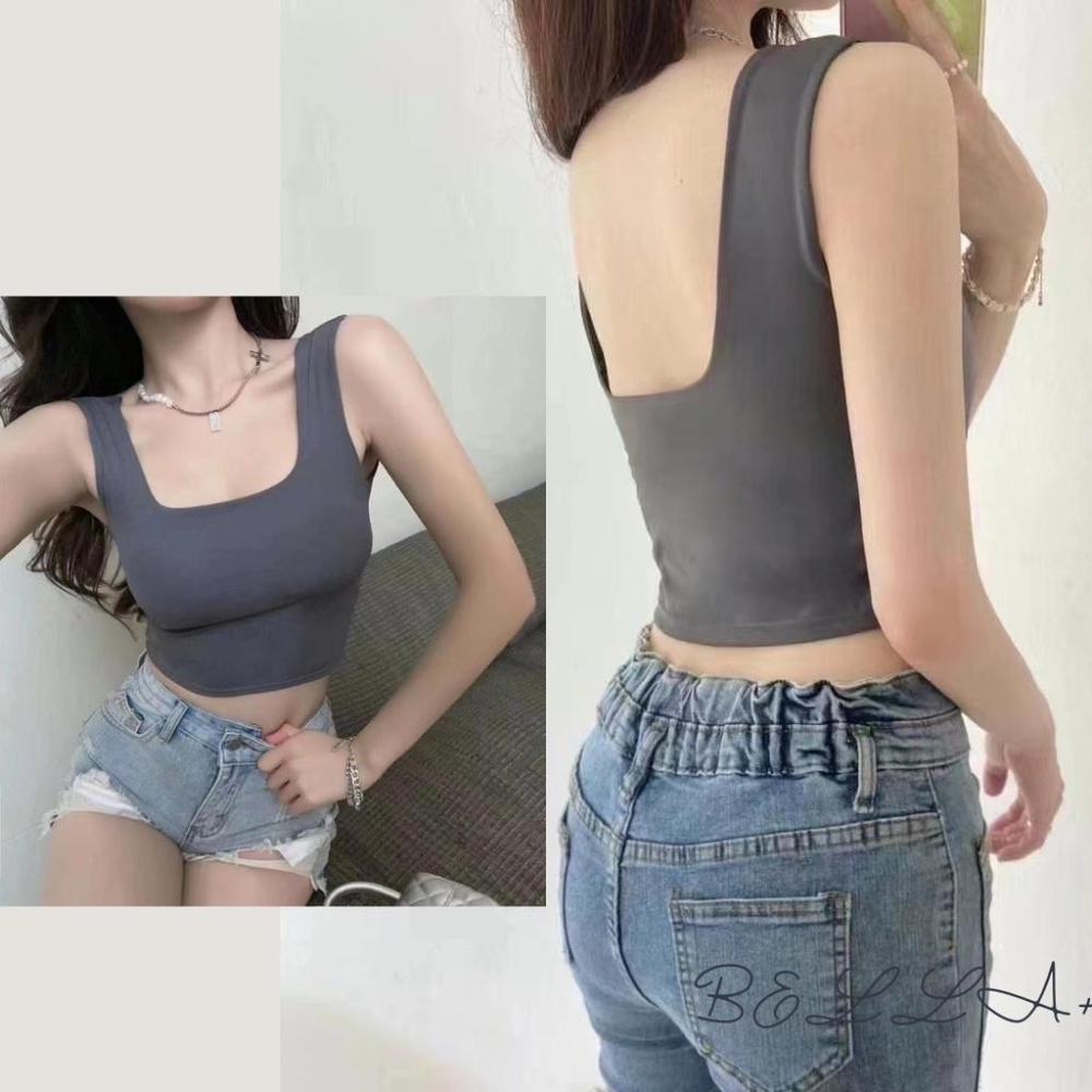 BELLA+台灣現貨秒出🆕四色露背方領背心小可愛自帶杯墊短版上衣吊帶背心女內搭純棉打底文胸運動-細節圖3