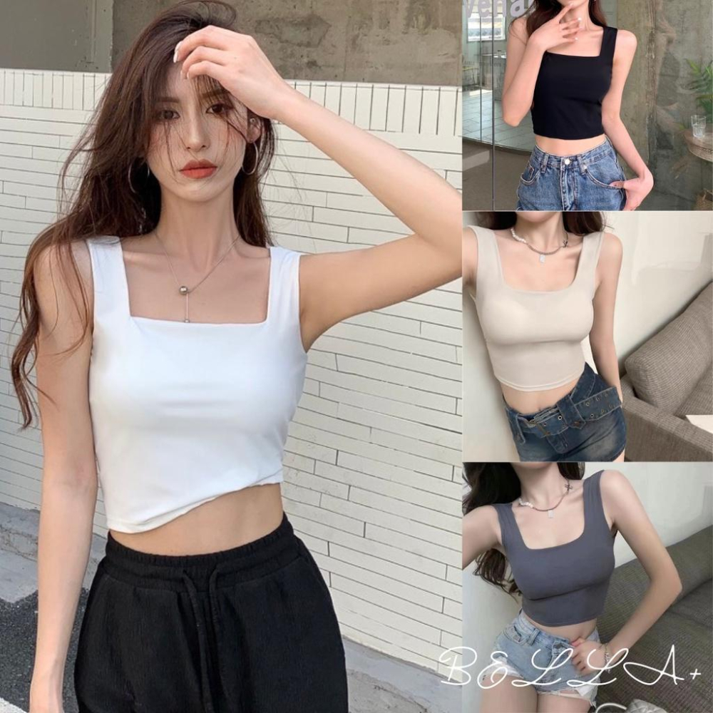 BELLA+台灣現貨秒出🆕四色露背方領背心小可愛自帶杯墊短版上衣吊帶背心女內搭純棉打底文胸運動-細節圖5