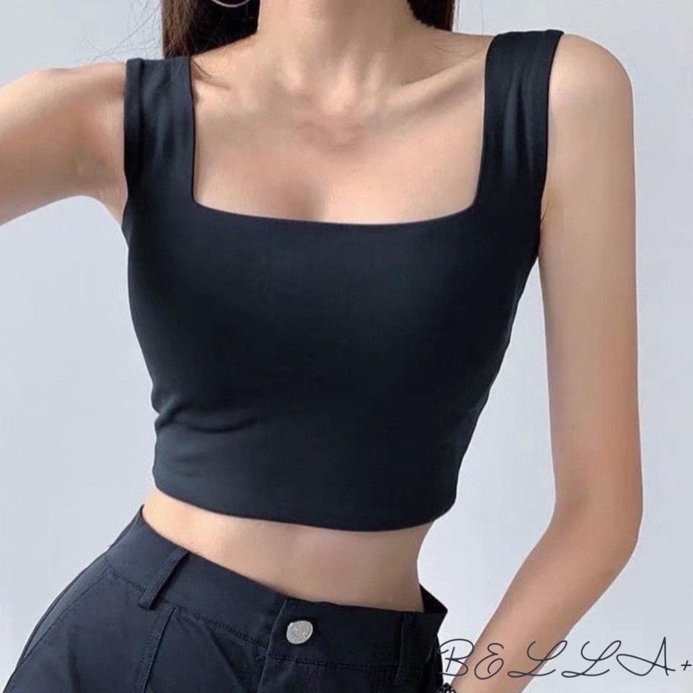 BELLA+台灣現貨秒出🆕四色露背方領背心小可愛自帶杯墊短版上衣吊帶背心女內搭純棉打底文胸運動-細節圖6