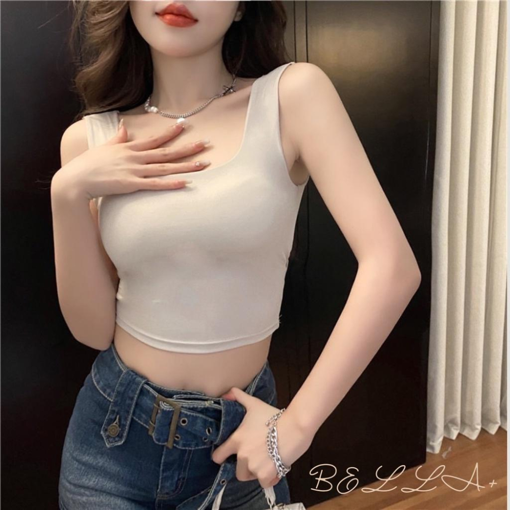 BELLA+台灣現貨秒出🆕四色露背方領背心小可愛自帶杯墊短版上衣吊帶背心女內搭純棉打底文胸運動-細節圖8