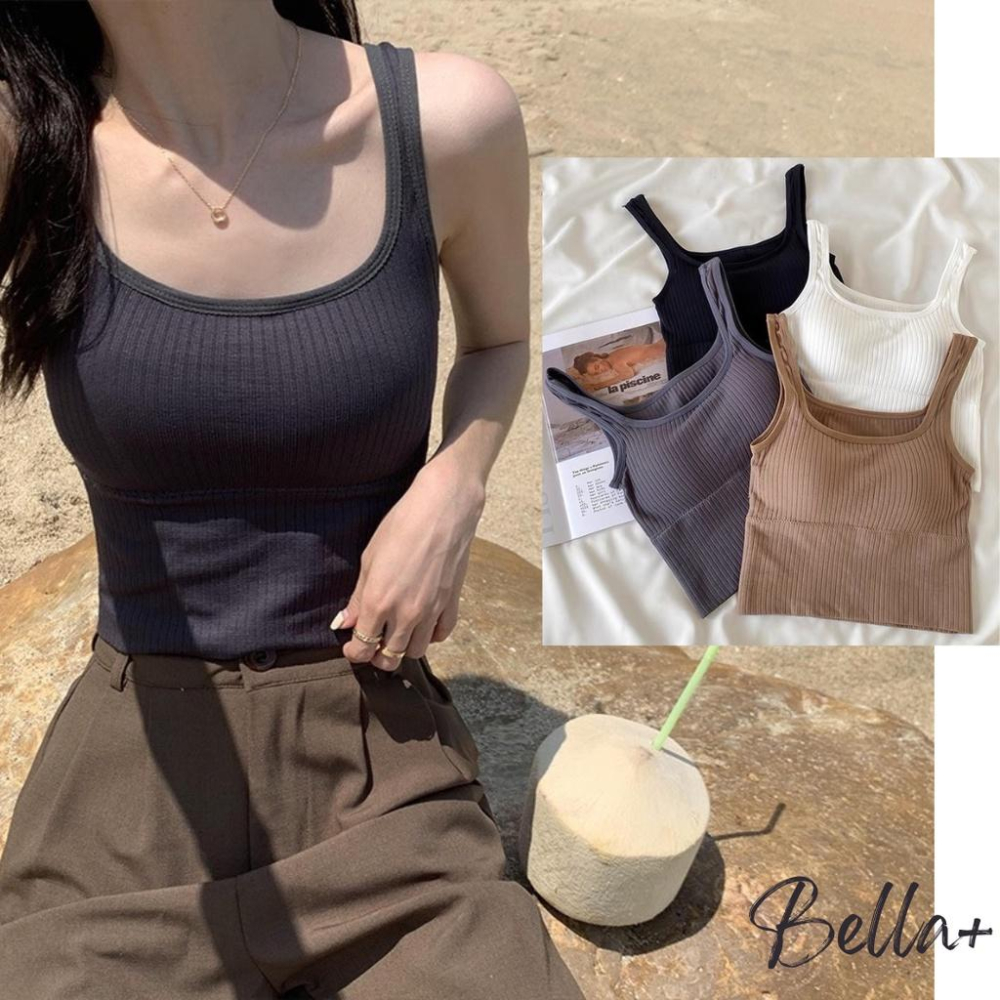 BELLA+台灣現貨秒出🆕四色超彈力螺紋棉中長款背心小可愛細肩帶背心背心棉螺紋棉上衣外穿運動背心粗肩帶寬肩帶小可愛-細節圖2