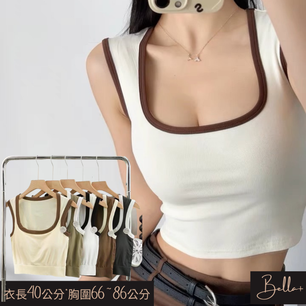 Bella+台灣現貨秒出🆕6色夏季帶杯墊運動健身方領撞色吊帶露臍背心甜辣低胸女內搭打底外穿文胸無袖寬肩上衣短版腰身-細節圖2