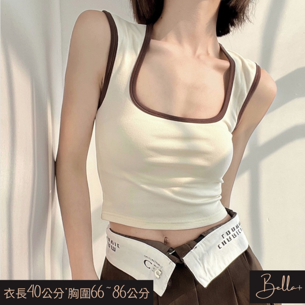 Bella+台灣現貨秒出🆕6色夏季帶杯墊運動健身方領撞色吊帶露臍背心甜辣低胸女內搭打底外穿文胸無袖寬肩上衣短版腰身-細節圖8
