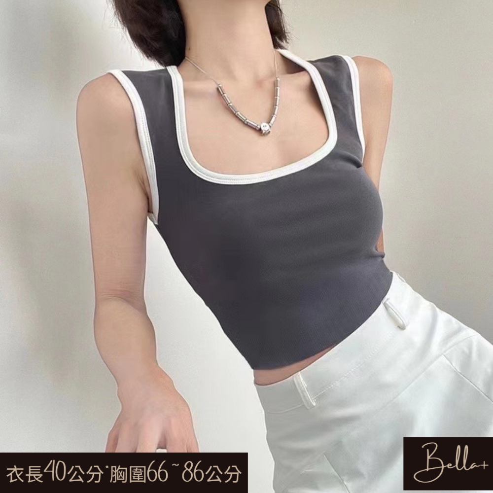 Bella+台灣現貨秒出🆕6色夏季帶杯墊運動健身方領撞色吊帶露臍背心甜辣低胸女內搭打底外穿文胸無袖寬肩上衣短版腰身-細節圖9