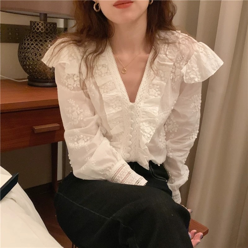 𝑈_𝐾𝑖꙳  春款 韓國刺繡蕾絲 拼接長袖襯衫 寬鬆泡泡袖上衣-細節圖7