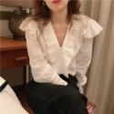 𝑈_𝐾𝑖꙳  春款 韓國刺繡蕾絲 拼接長袖襯衫 寬鬆泡泡袖上衣-規格圖10