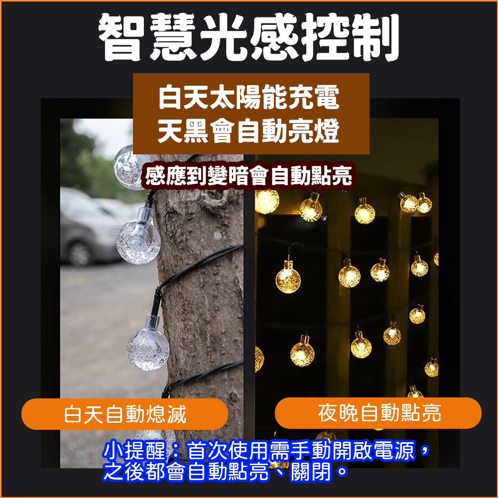 雪花水晶球燈串 太陽能5米20燈⚡️邦妮【台灣現貨】LED燈串 圓球燈 雪花燈星星燈銅線燈螢火蟲燈 裝飾燈防水-細節圖5