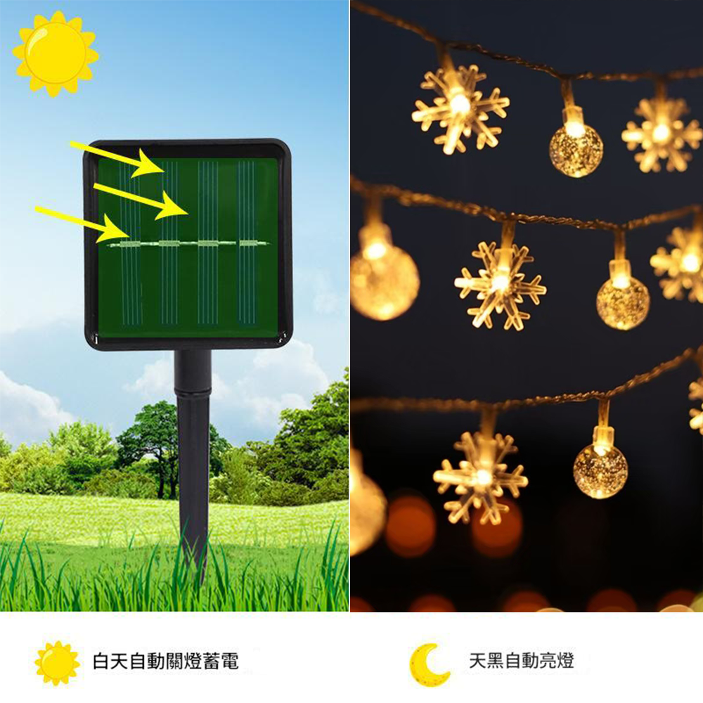 雪花水晶球燈串 太陽能5米20燈⚡️邦妮【台灣現貨】LED燈串 圓球燈 雪花燈星星燈銅線燈螢火蟲燈 裝飾燈防水-細節圖6