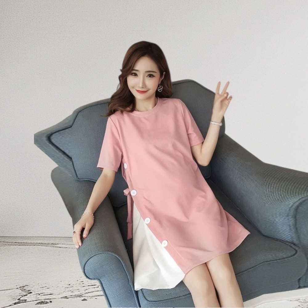 韓版 圓領短袖 孕婦洋裝-細節圖3