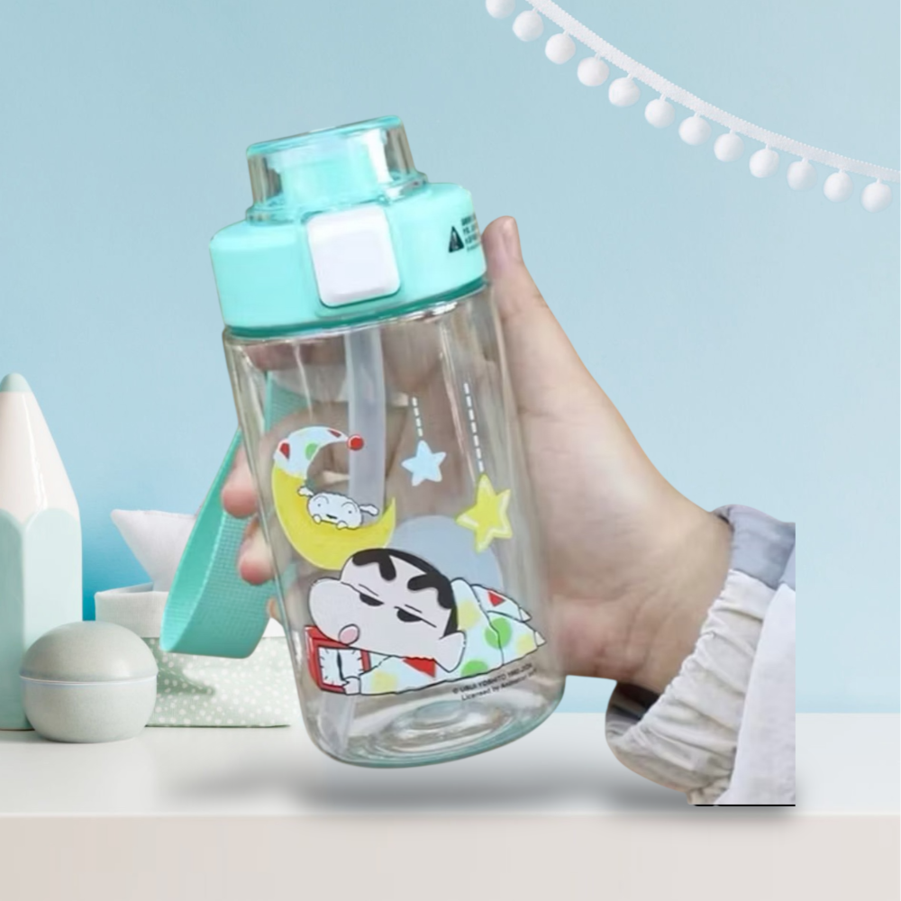 蠟筆小新 500ml 彈蓋雙飲手提水壺 易啟飲 奶茶杯 學生  〝 綠色款 〞-細節圖2