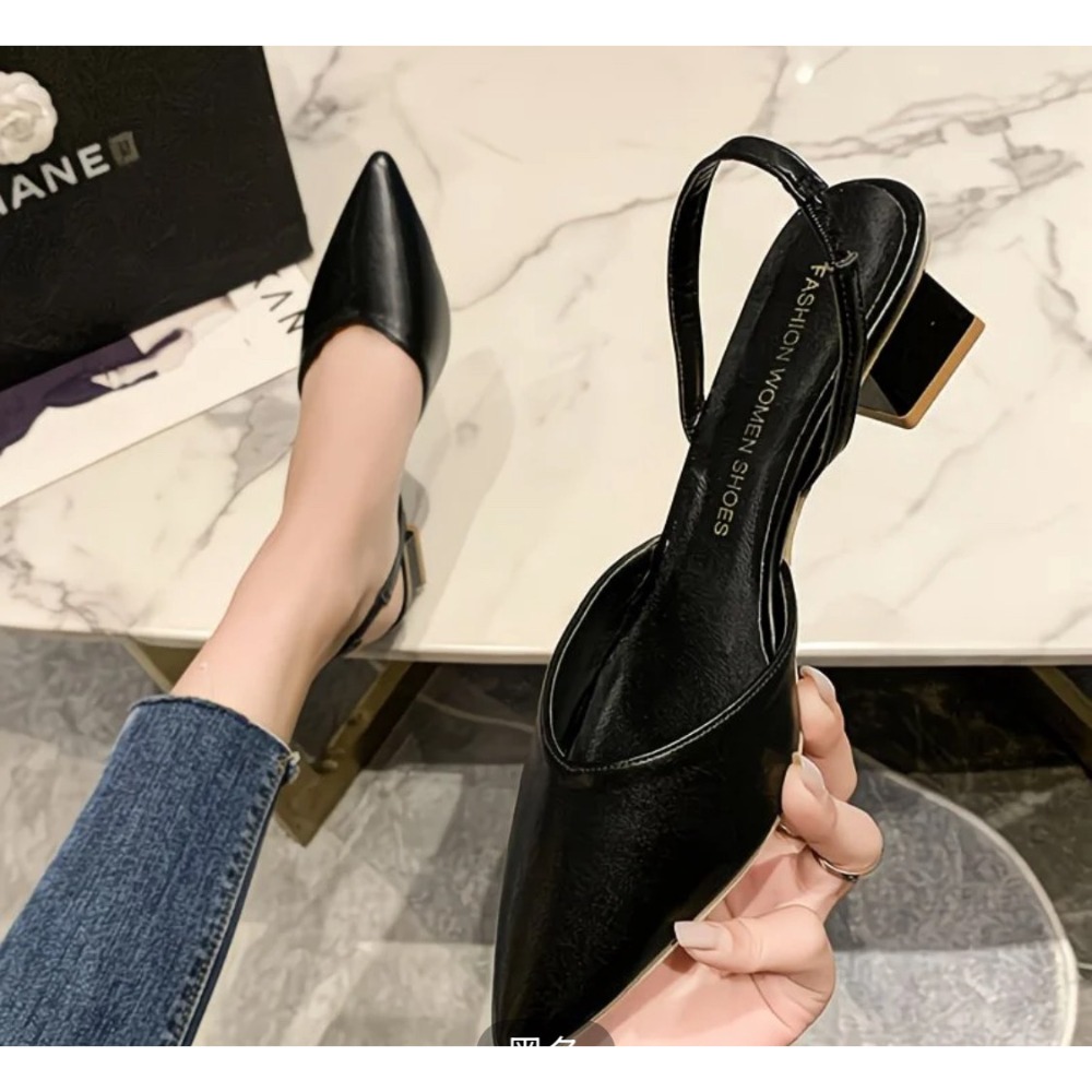 👠尖頭低跟鞋 方跟女鞋 細帶時尚單鞋 大尺碼   〝 跟高 4.5cm 〞〝尺碼  41 號 = 25.5 碼〞-規格圖3